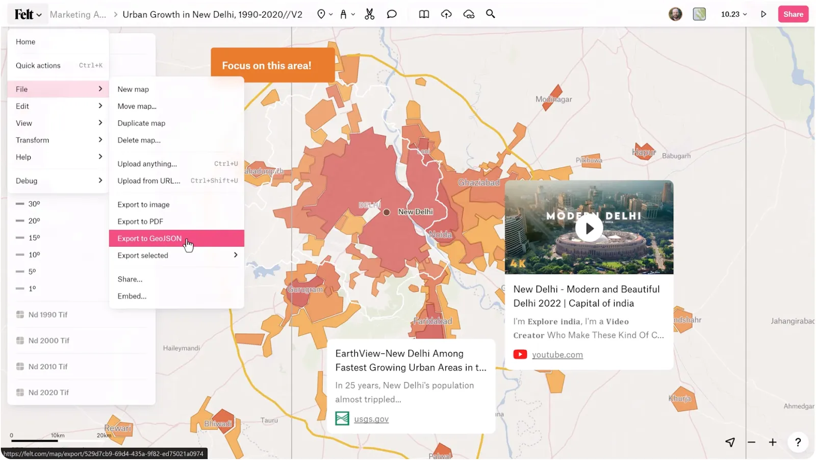 Screenshot from Felt’s Youtube video, “Getting Started with Felt 2/6 - Draw Data and Annotate the Map,” showing the Export feature for GeoJSON.