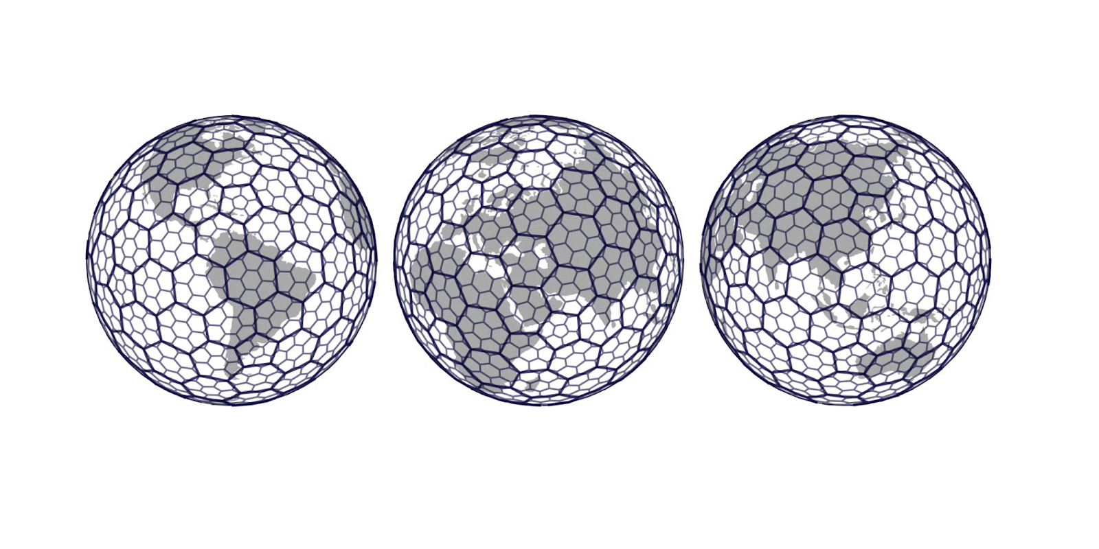 Three perspectives of H3’s hexagonal grid covering the Earth.