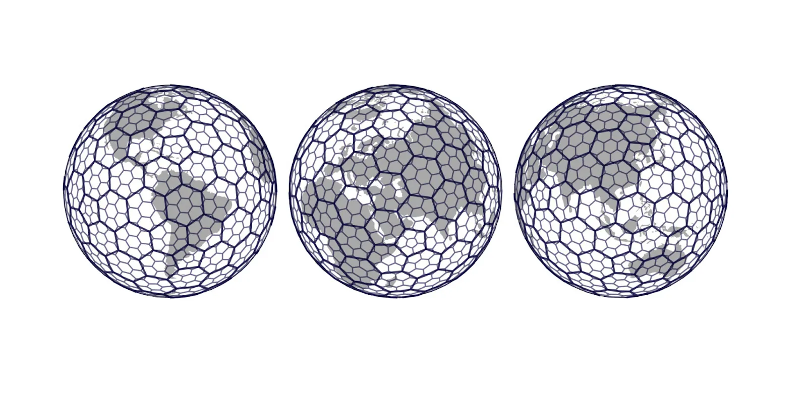 Three perspectives of H3’s hexagonal grid covering the Earth.