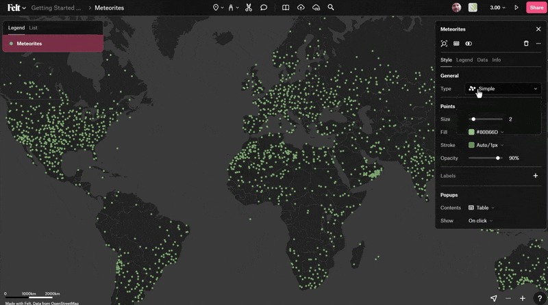 Heatmap visualization in Felt showing global spatial hotspots, with clustered high-intensity areas highlighted to demonstrate AI-assisted hotspot analysis across a shared map interface.