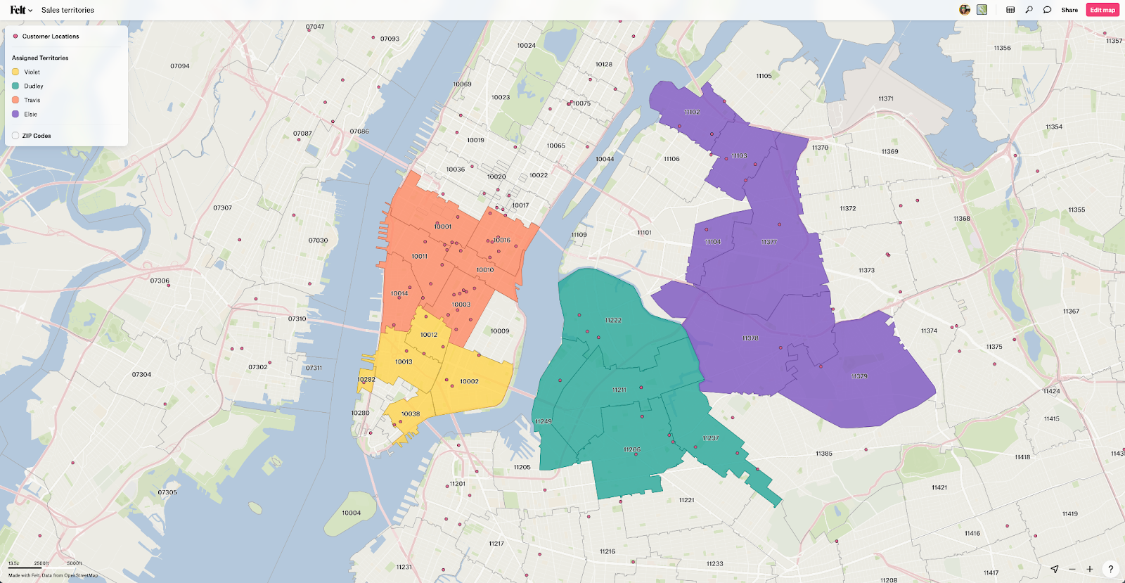 A screenshot showing customer locations based on assigned sales territories for various reps.