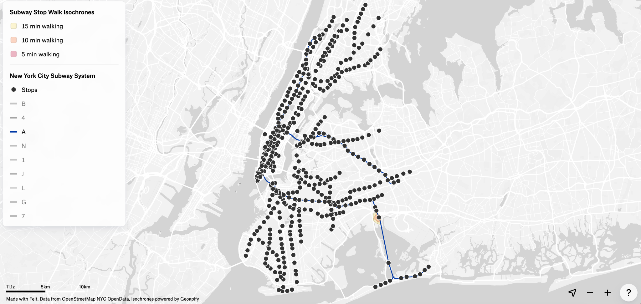 Map of the New York City subway system showing station locations and walking isochrones (5, 10, and 15 minutes) around stops, illustrating pedestrian access to subway stations across the city.