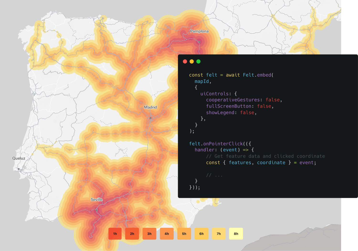Heatmap-style travel time map across Spain (showing 1–8 hour ranges from major cities like Madrid, Pamplona, and Seville) with a code snippet overlay demonstrating how to embed a Felt map using its JavaScript API.