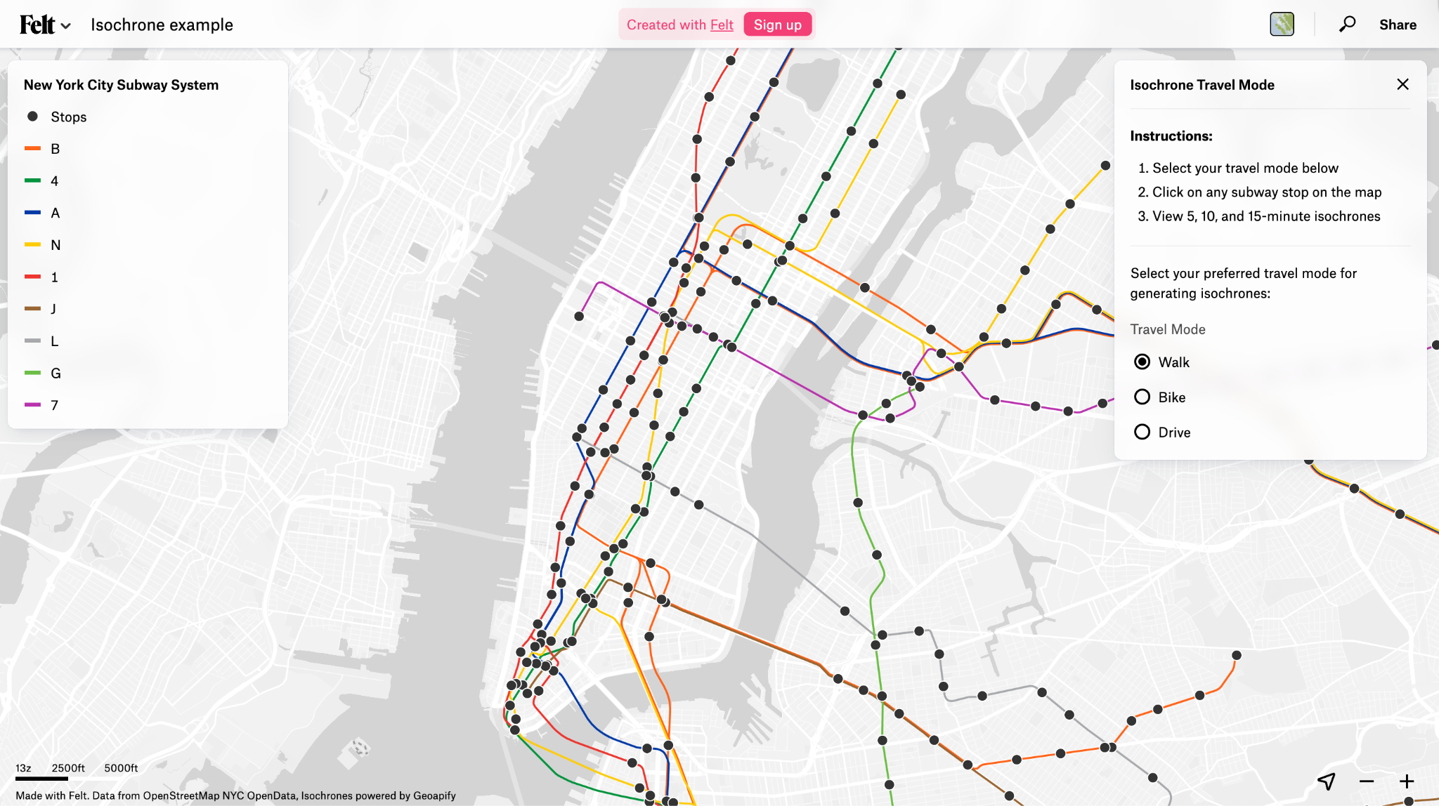 Felt isochrone map example displaying New York City subway lines and stations with travel-time catchment areas generated for walking, biking, and driving modes.