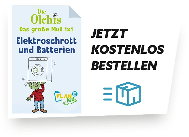 Mini-Faltplan mit dem Titel: Die Olchis. Das große Müll 1 mal 1 . Elektroschrott und Batterien. Der Faltplan kann unter diesem Link bestellt werden.