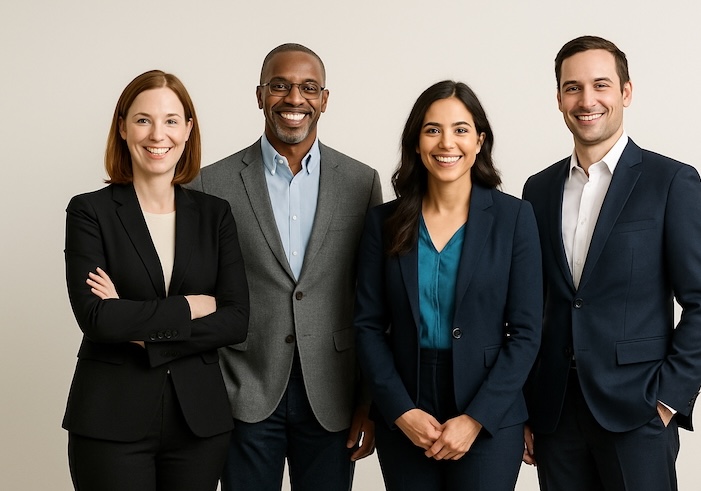 four business professionals smiling 