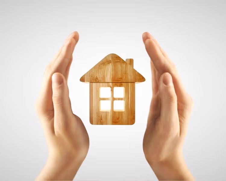 Hands on either side of a small wooden house ornament