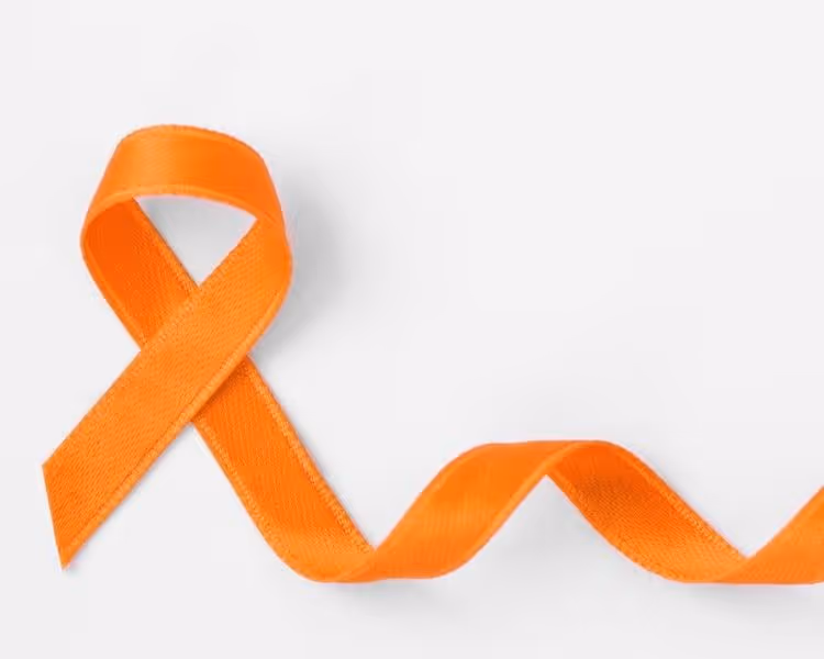 An orange ribbon with one long end