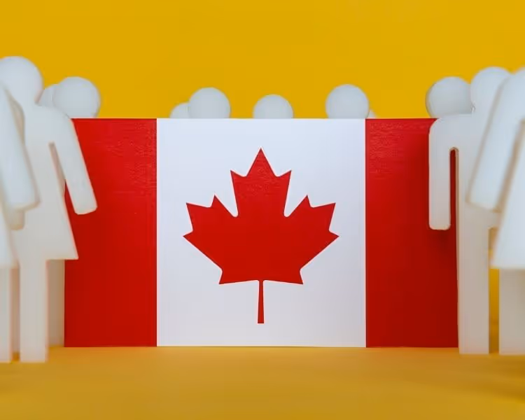 Canadian flag flanked by white stick figures