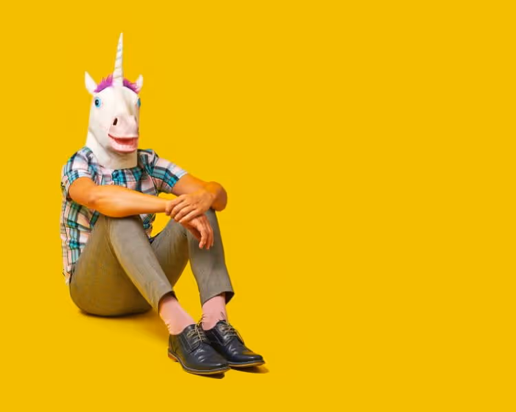 Man in unicorn mask on yellow background