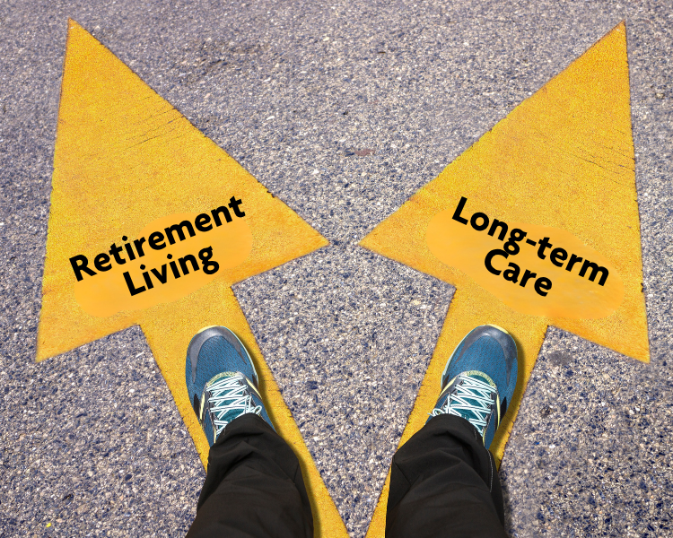 person standing on two arrows, one labelled retirement living and the other labelled long-term care