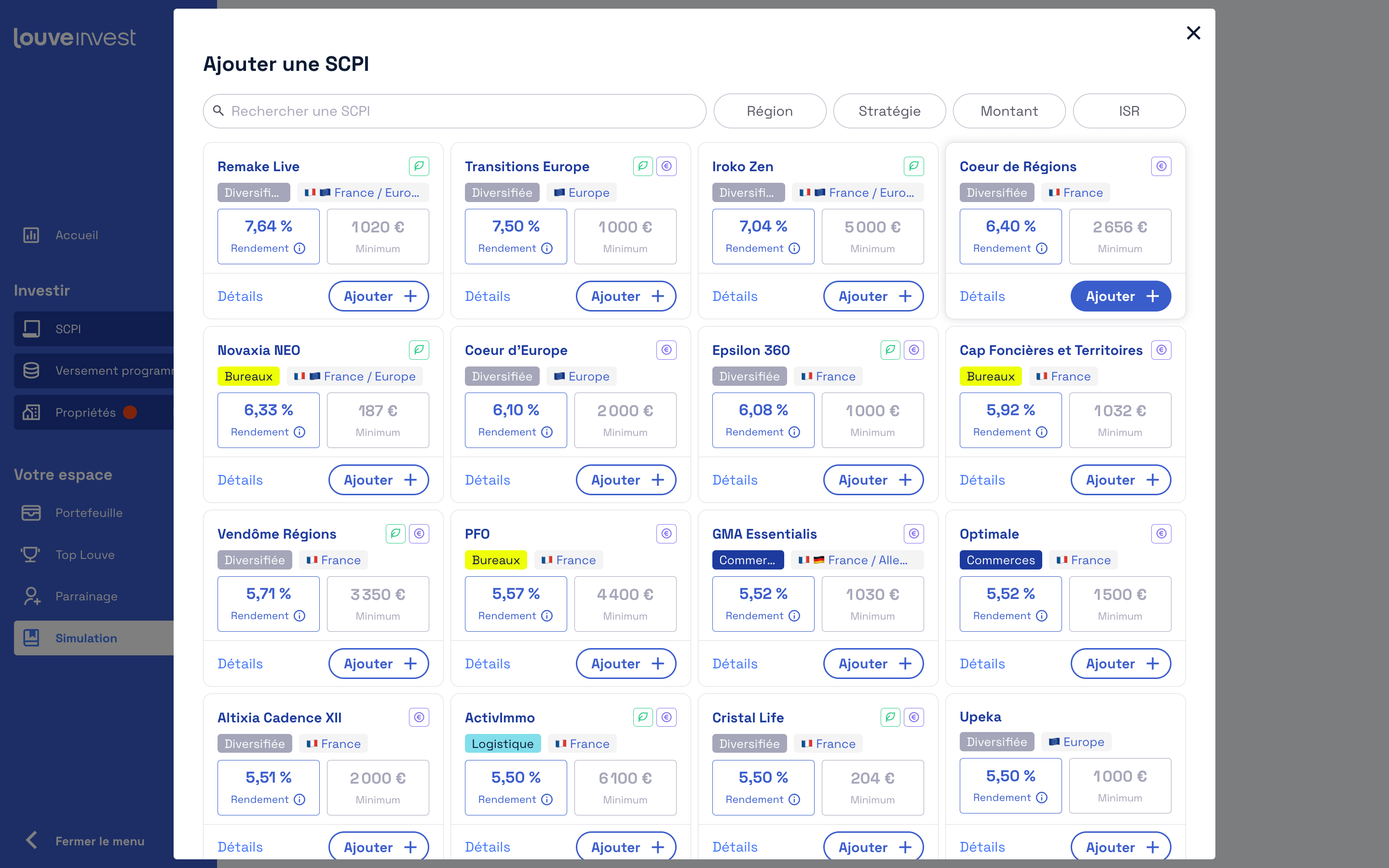 choix des SCPI sur le simulateur 