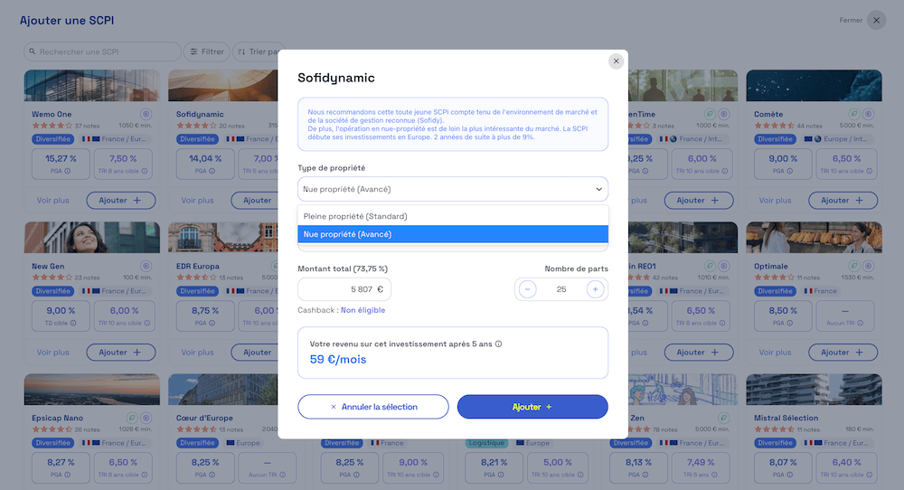 Simulation de la SCPI Sofidynamic en nue-propriété