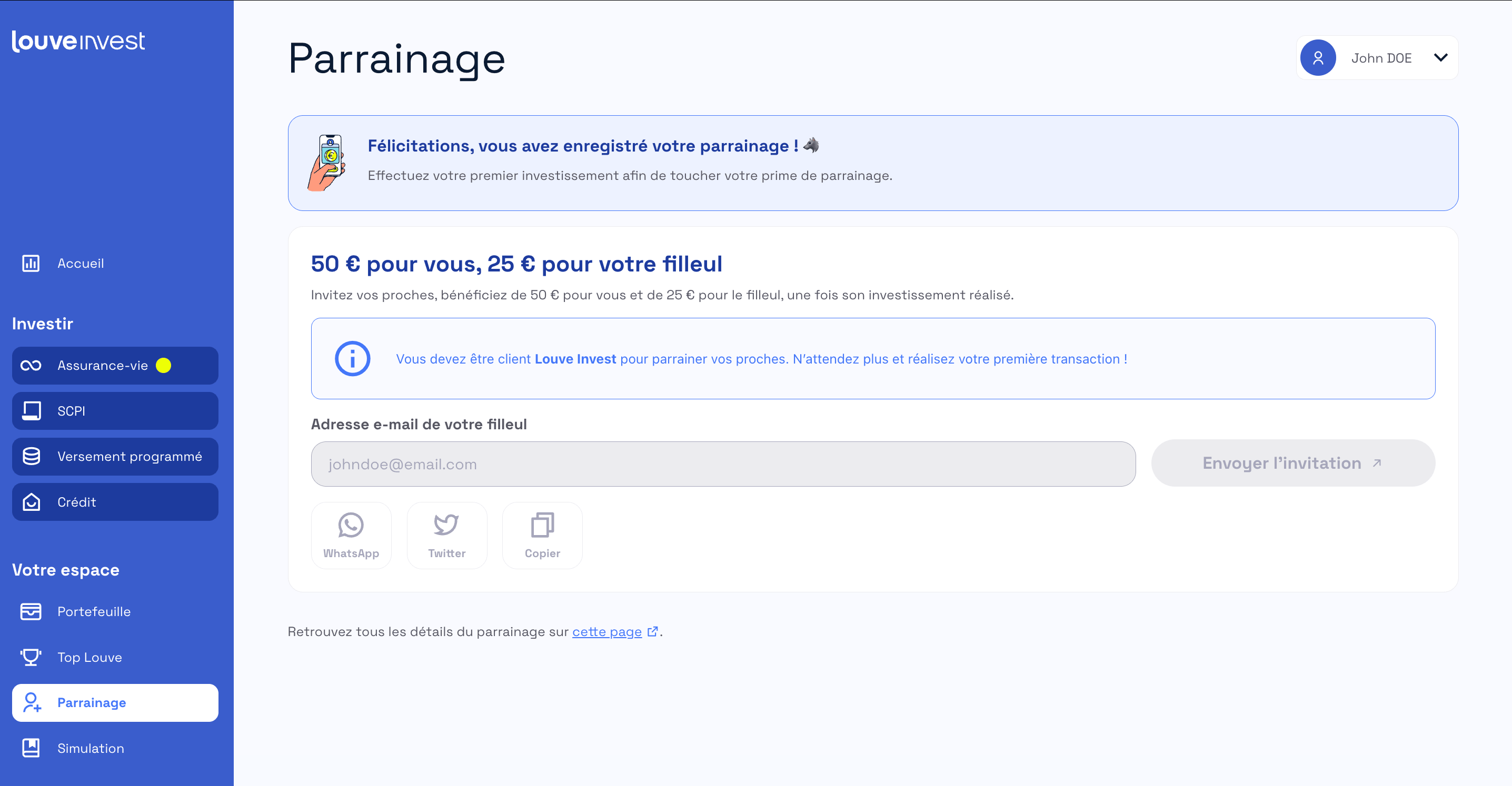 Page parrainage Louve Invest