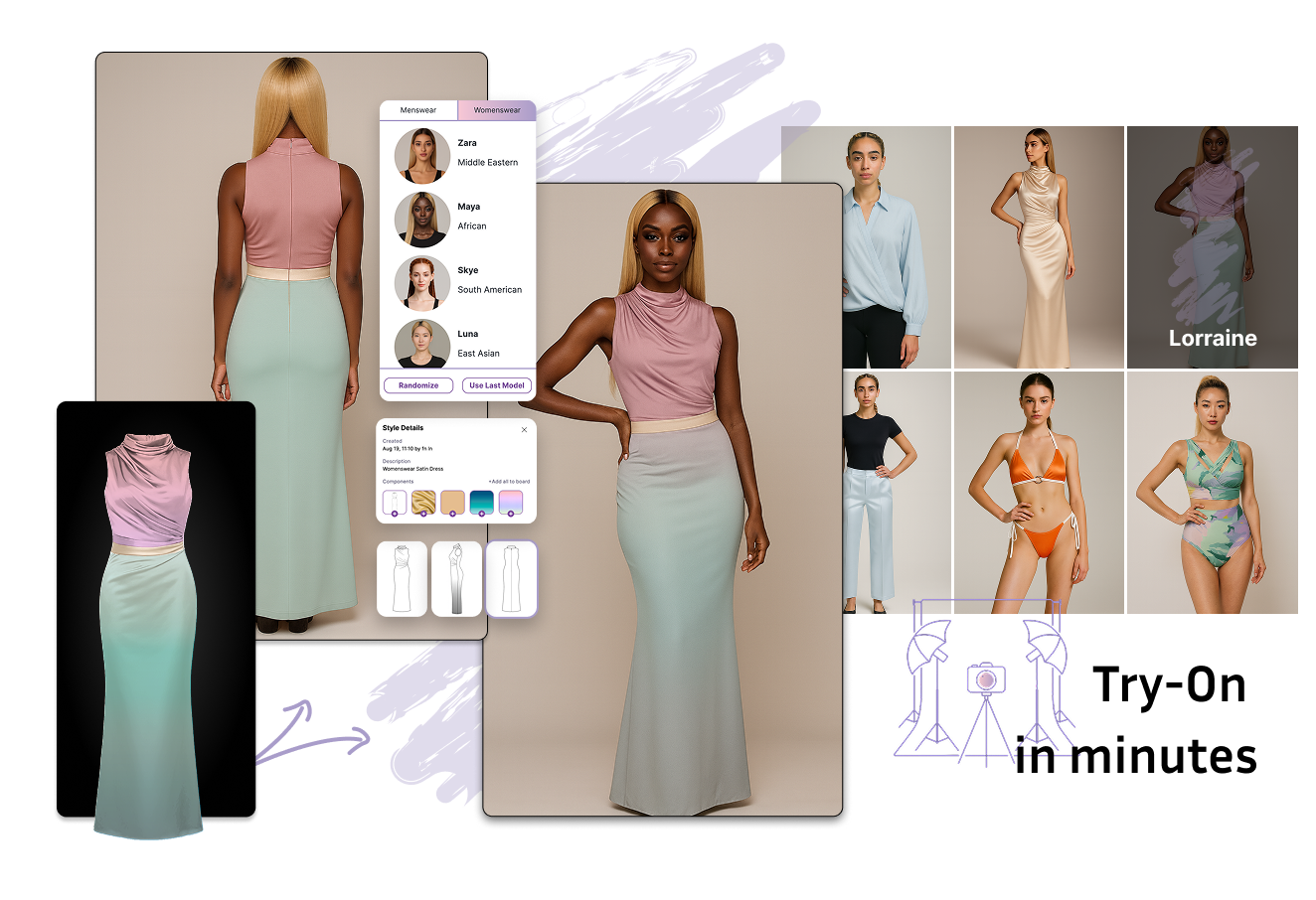 AI fashion design interface showcasing diverse model selection and clothing options.