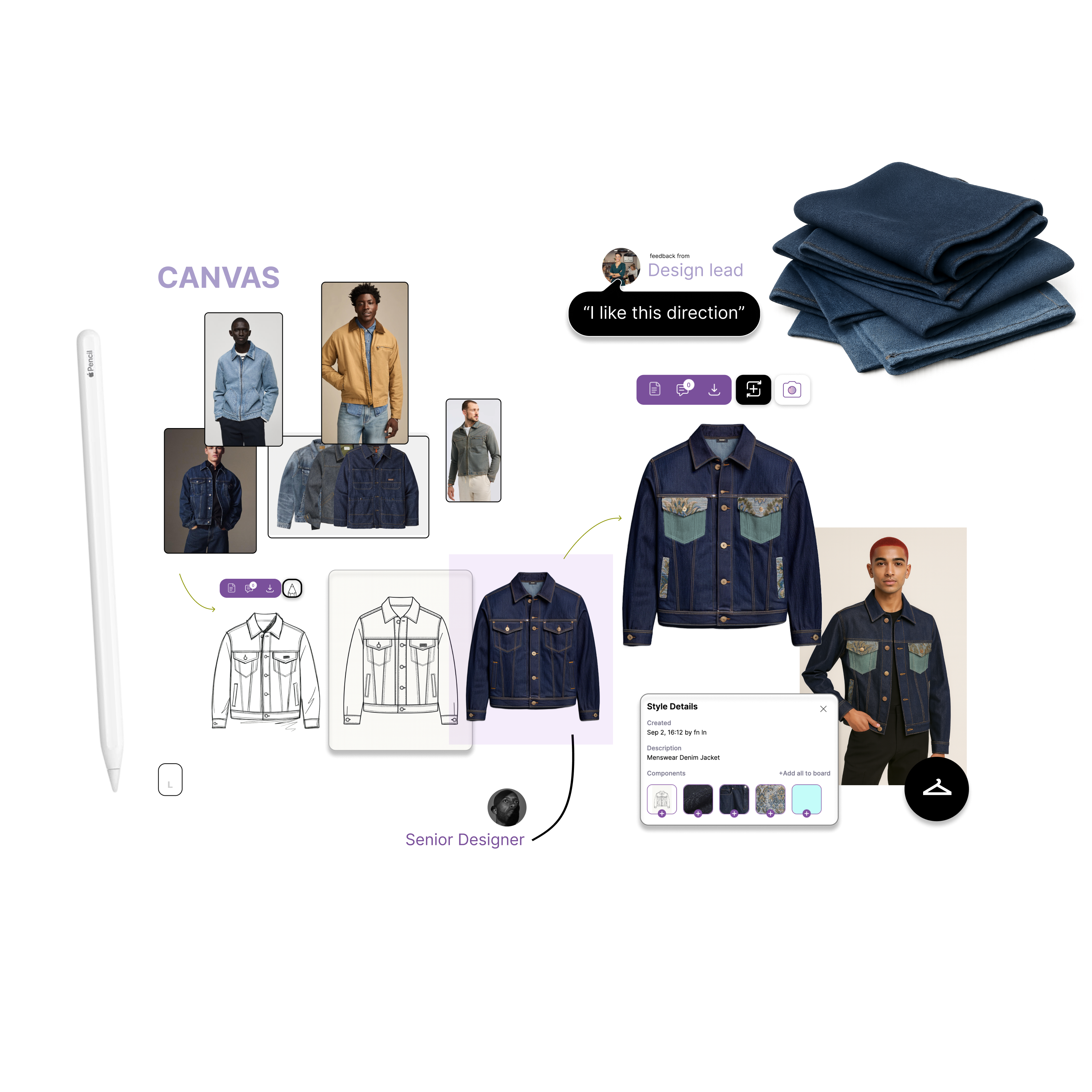 Denim jacket design inspiration and prototype with fabric samples and style details.