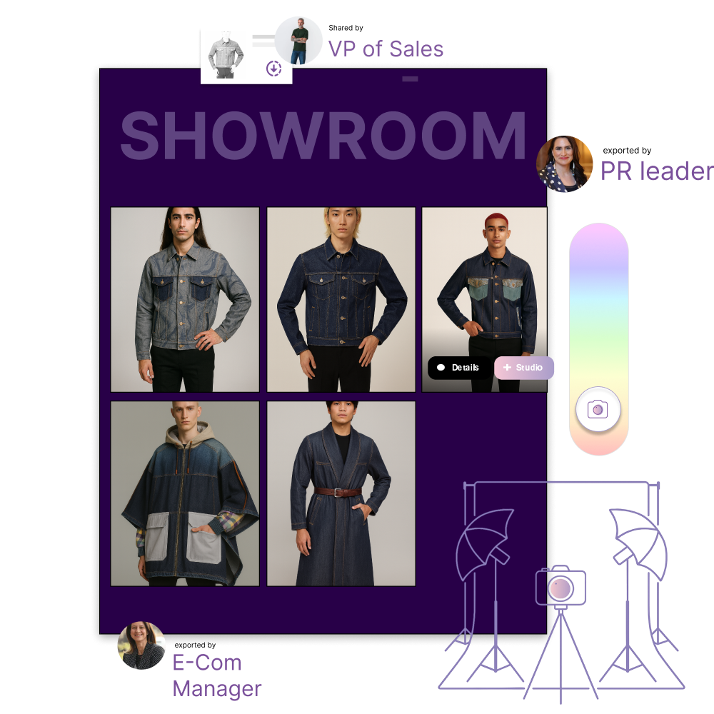 Fashion showroom with diverse denim outfits, featuring a colorful palette and professional team roles.