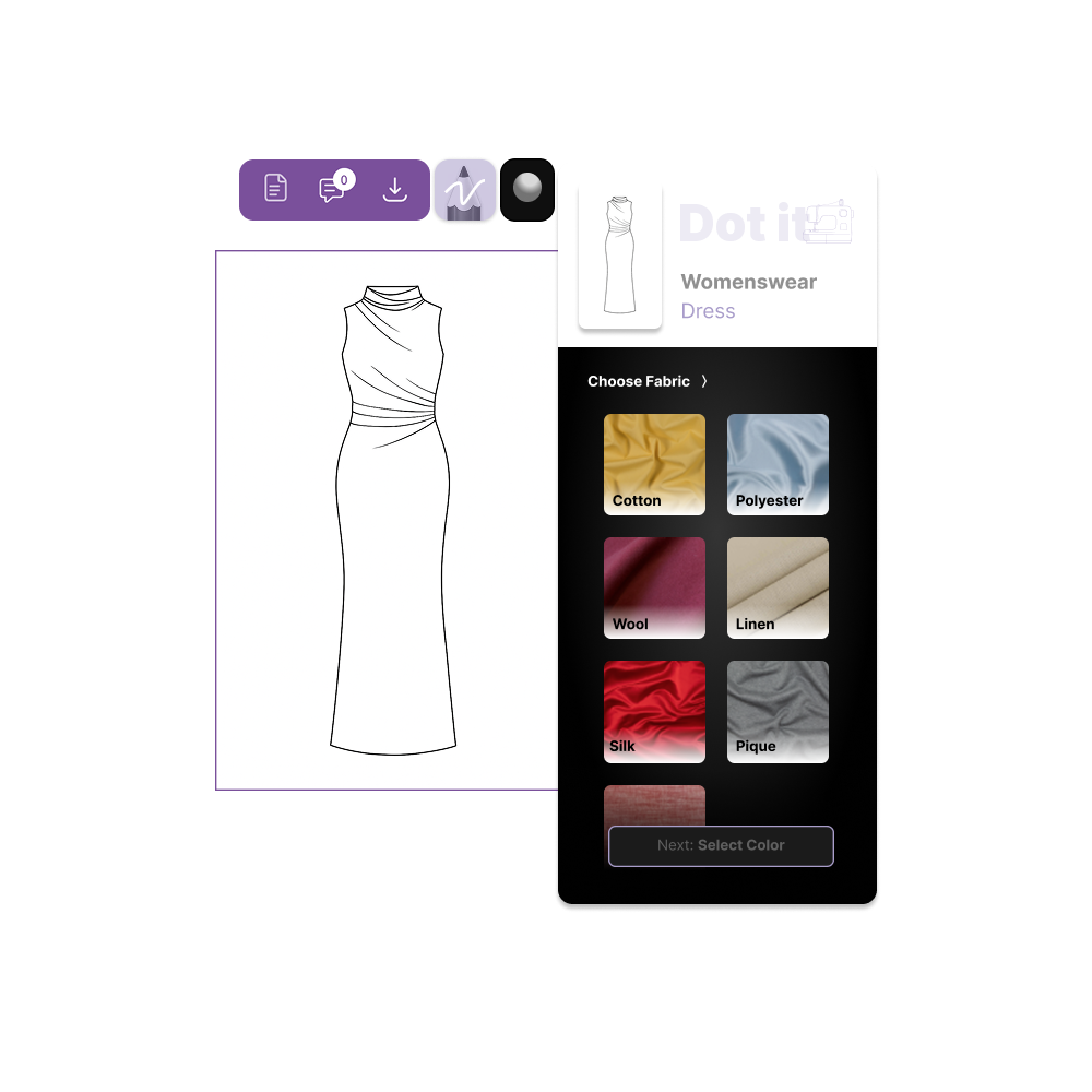 Fashion design software interface for women’s dress with fabric selection options.