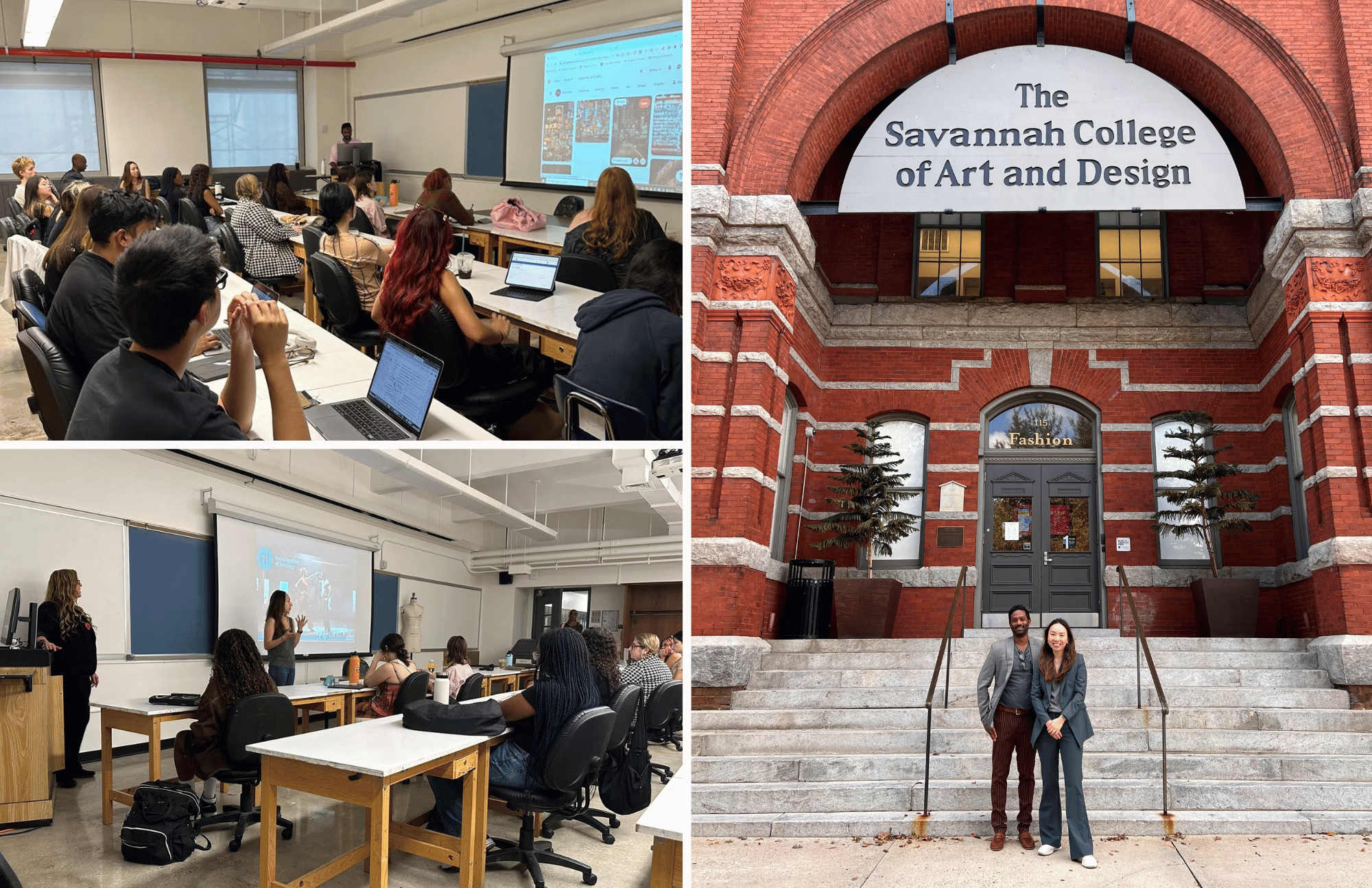 Savannah College of Art and Design classroom lecture, exterior building entrance, students learning design skills.
