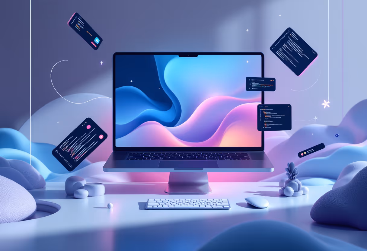 Stylish, futuristic digital workplace with floating UI elements around a modern iMac. Wavy, abstract blue, purple and pink gradients on the screen. Surrounded by floating code snippets and interface elements in a dark design. Minimalistic setup with keyboard, mouse and decorative objects on a clean, bright desk