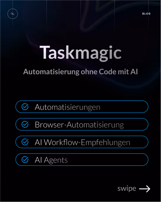 Screenshot der Taskmagic-Übersichtsseite mit dem Titel „Taskmagic – Automatisierung ohne Code mit AI“. Aufgelistet sind vier Hauptfunktionen: Automatisierungen, Browser-Automatisierung, AI Workflow-Empfehlungen und AI Agents. Im Design dominieren dunkle Hintergründe mit blauen Highlights und Check-Icons vor jeder Funktion. Ein „Swipe“-Hinweis unten rechts zeigt, dass weitere Inhalte verfügbar sind.
