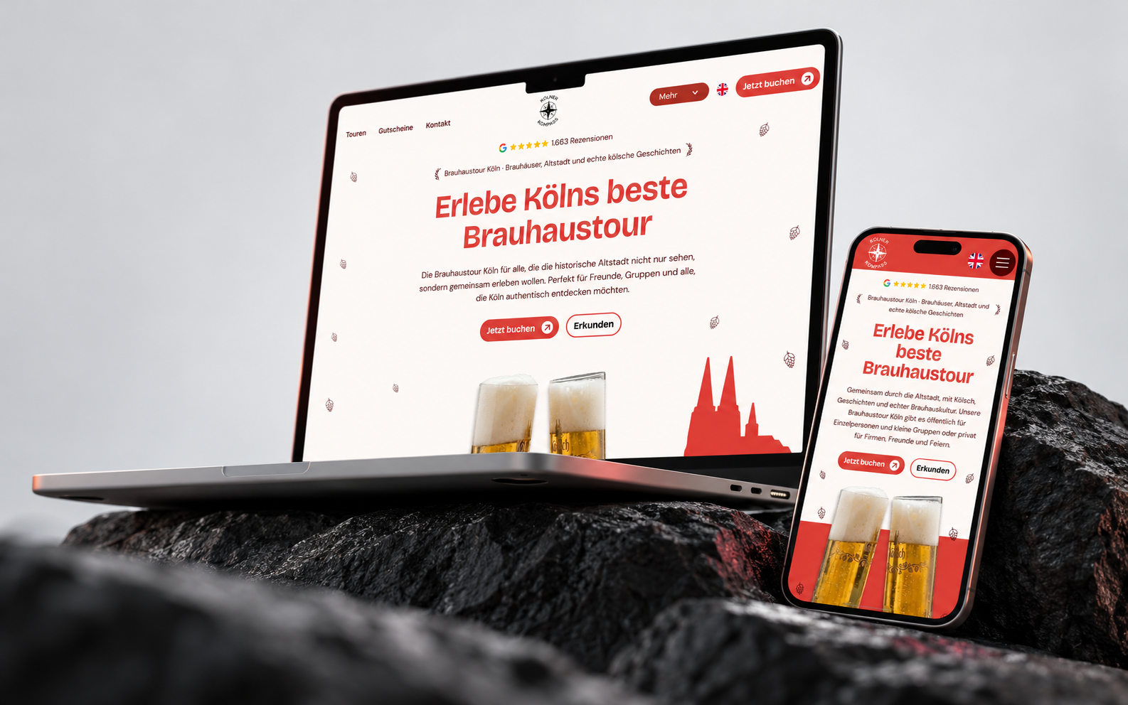 Detailansicht der Kölner Kompass Website auf dem Desktop mit Touren und Buchungsbutton