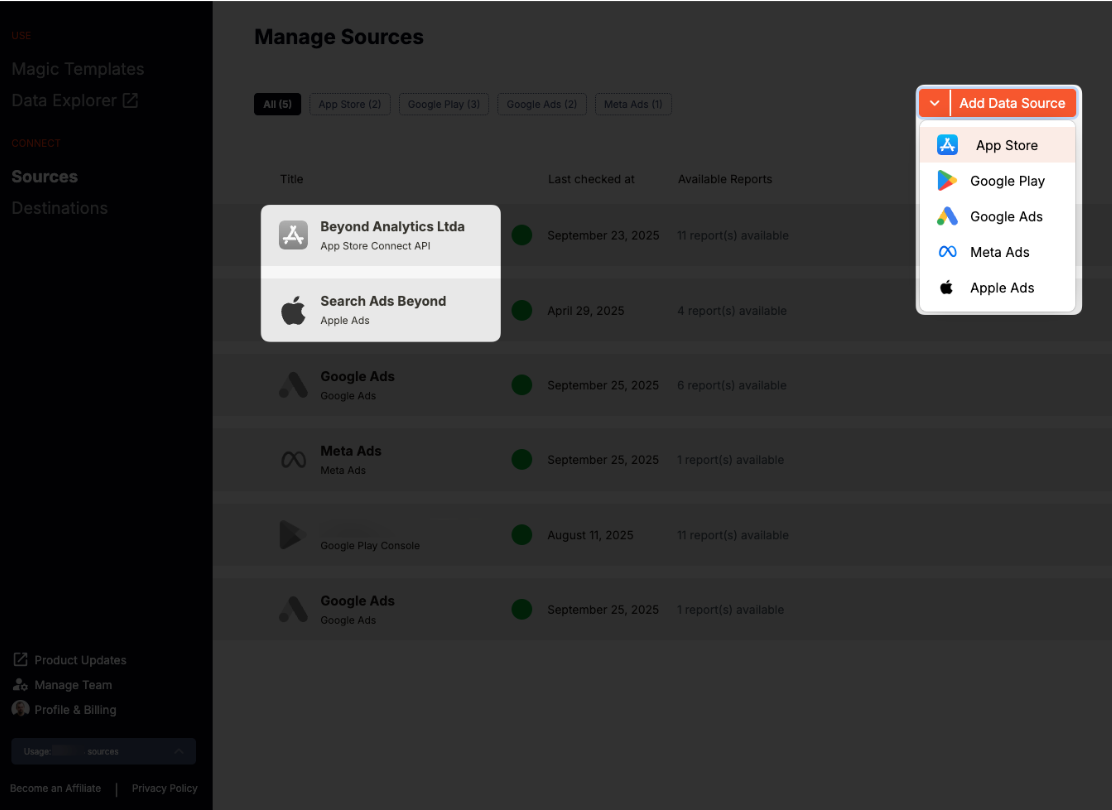 From your Easy App Reports account you can connect Apple Ads, App Store Connect and much more
