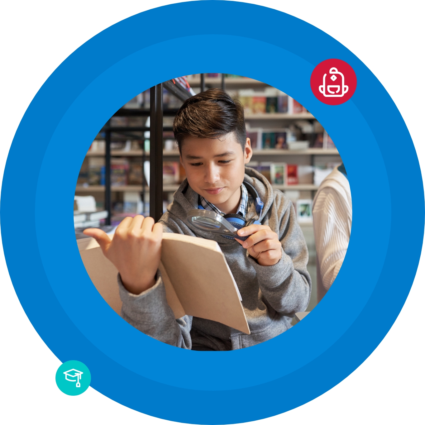 niño haciendo investigación en biblioteca escolar