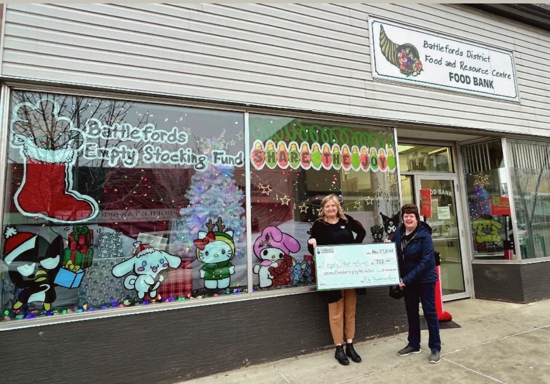 Our organization receiving a donation cheque from the Battlefords District Community Foundation through the Rita Chamberlain Fund.