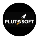 PlutoSoft logo with rocket graphic on black background