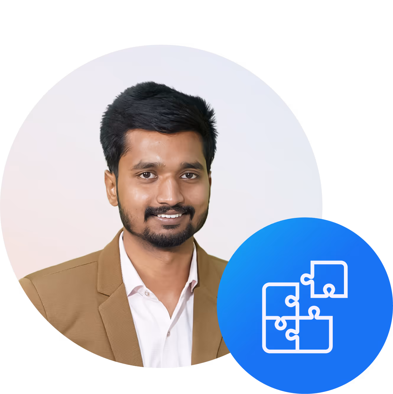 Smiling man in a brown blazer with puzzle icon, professional profile image.