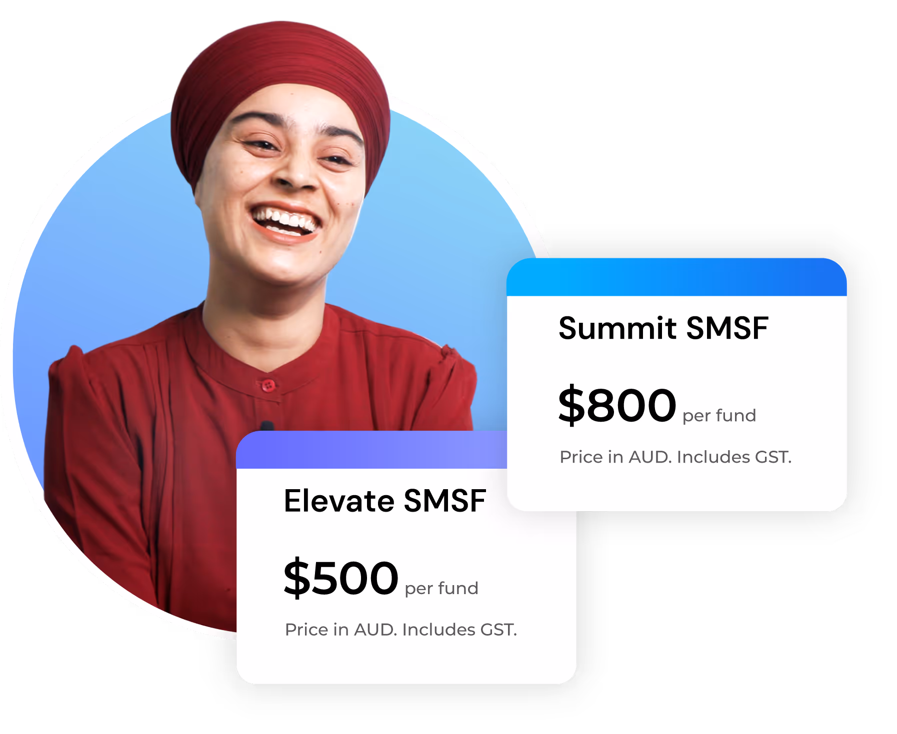 Person smiling with SMSF pricing options: Elevate SMSF at $500 and Summit SMSF at $800.
