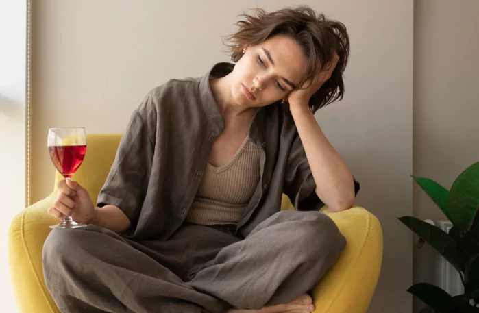 A hungover person sitting on a couch holding a glass of wine