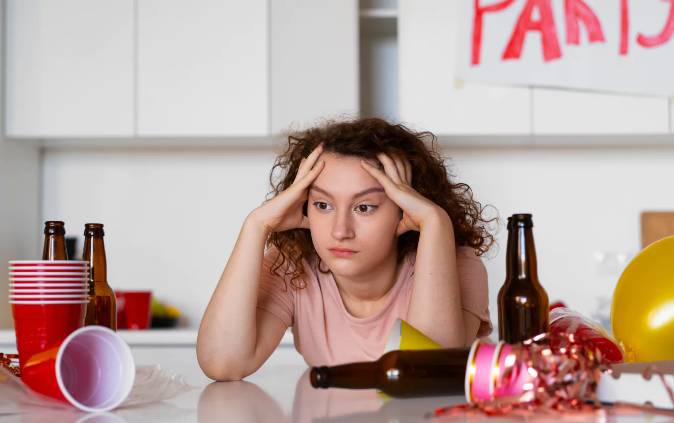 A lady sitting on a kitchen counter with alcohol and party cups