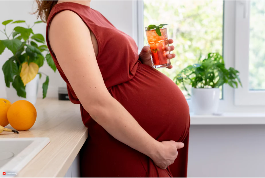 A pregnant woman holding a glass of orange juice
