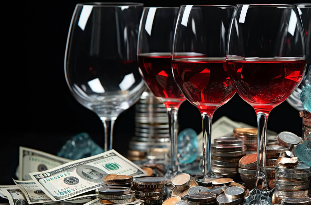 Three wine glasses surrounded by currency and coins