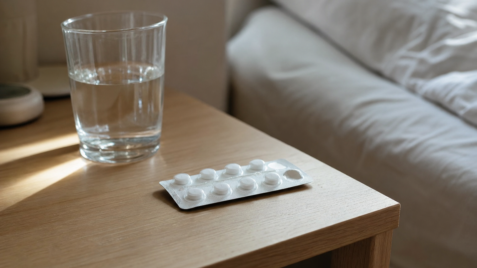 Unlabeled white pill blister pack on a light wooden nightstand beside a half-empty water glass in soft morning light.
