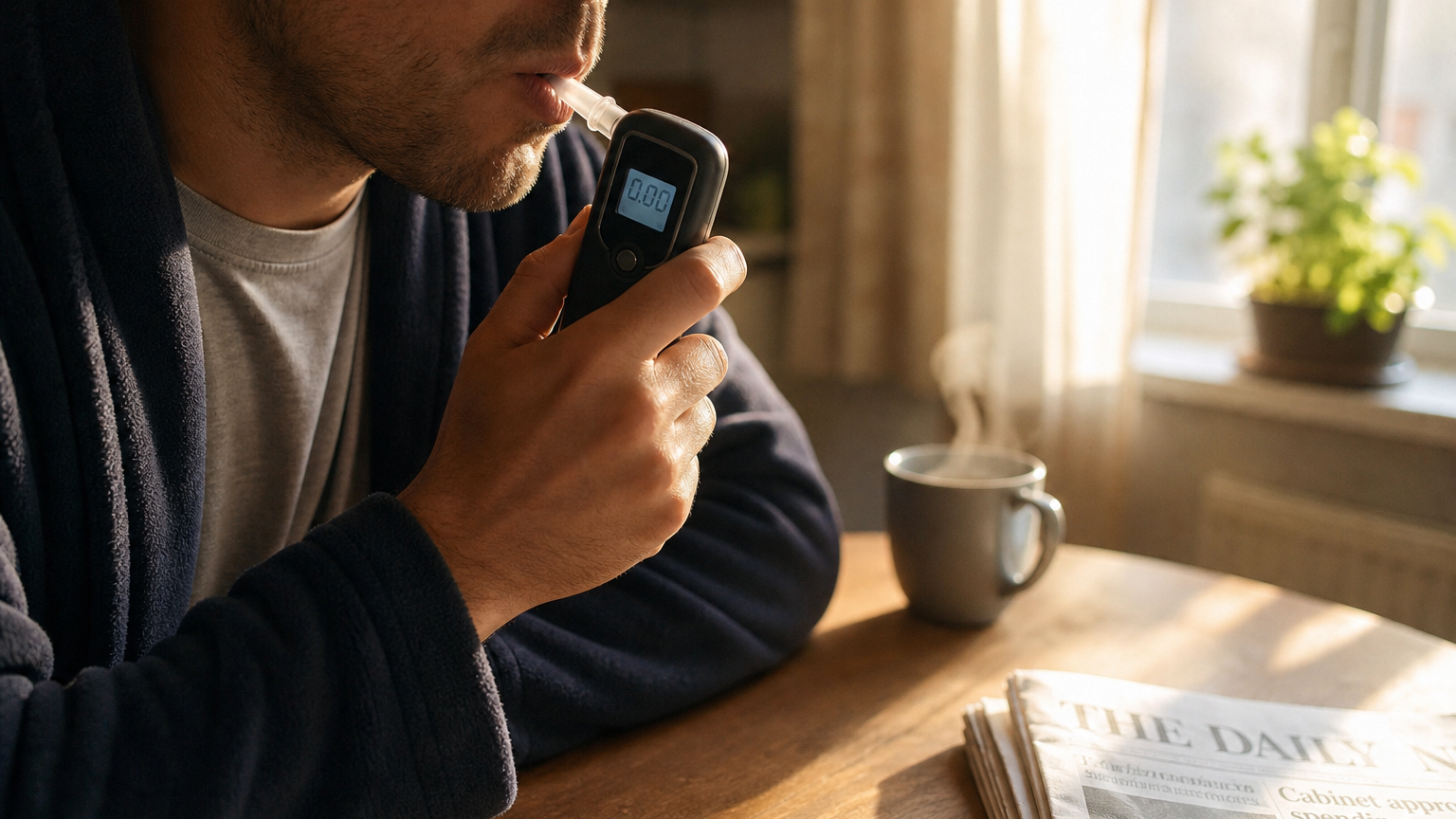 A person in a robe sits at a wooden kitchen table holding a small breathalyzer near their lips in soft morning window light.