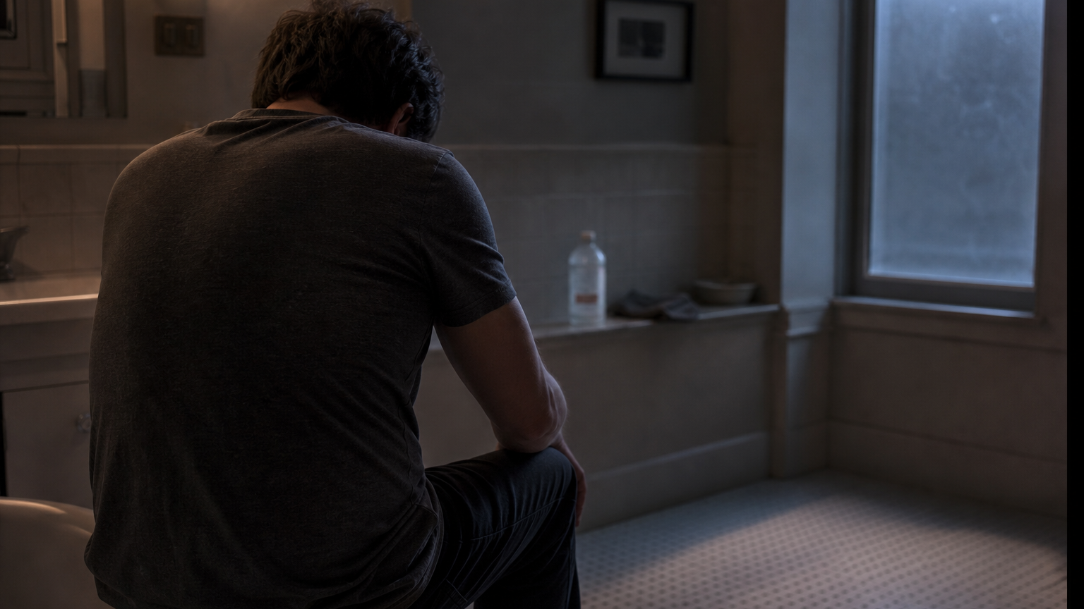 A person sits on the edge of a bathtub with head lowered in a softly lit bathroom at dusk, viewed from behind, with a bottle blurred on a shelf behind them.