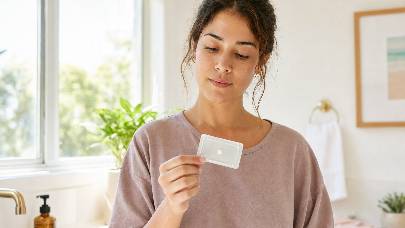 A woman holding a single pill in a blister pack.