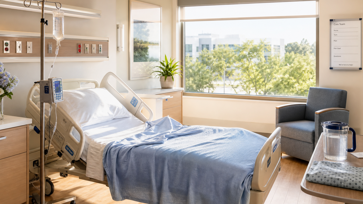 A bright hospital room in morning daylight with a neatly made bed, a light-blue blanket, and an IV stand holding a clear fluid bag beside it.