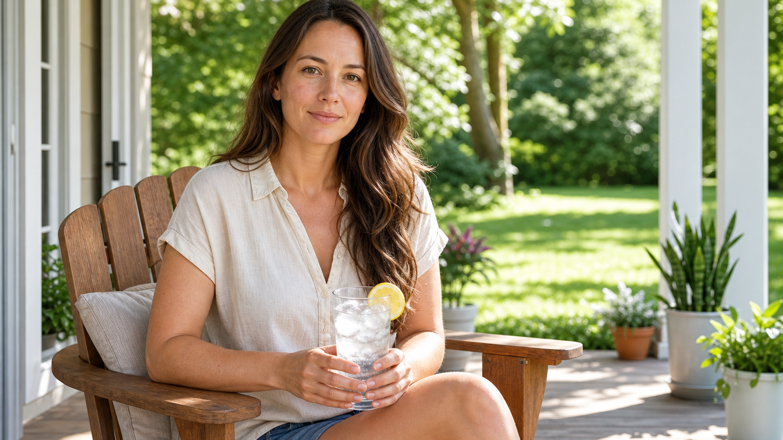 A woman in her 30s sits on a sunlit back porch holding a tall glass of ice water with lemon, looking out at a green backyard.