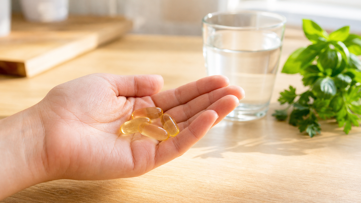 An open palm holds a few oval supplement capsules over a light-wood kitchen counter, with a glass of water and fresh herbs blurred behind in bright daylight.
