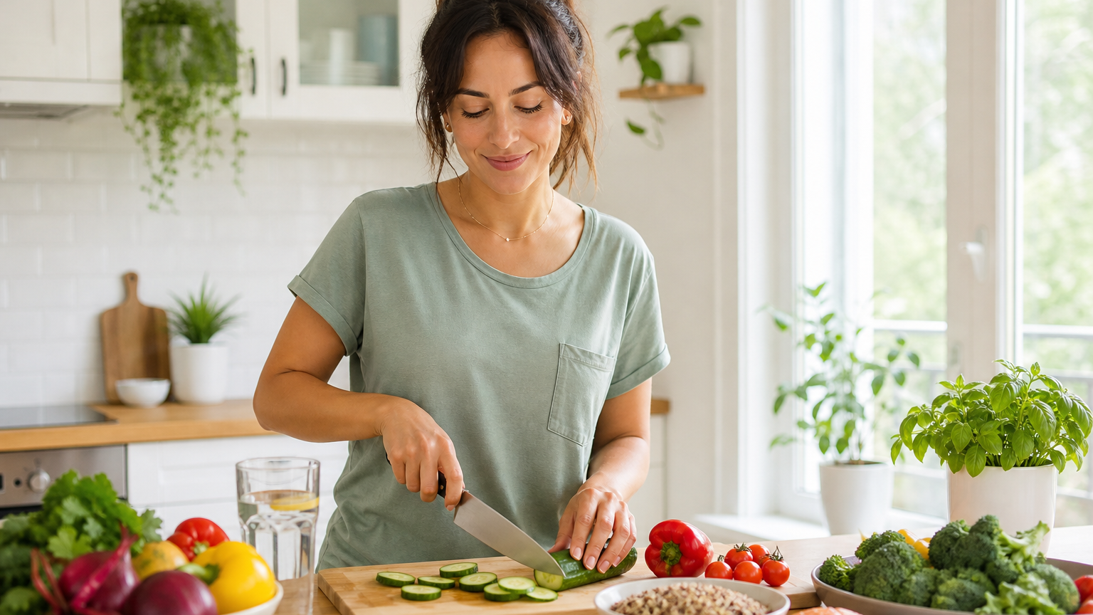 A woman in her 30s slices fresh vegetables at a bright sunlit kitchen counter, with grains and a glass of water nearby in warm daylight.
