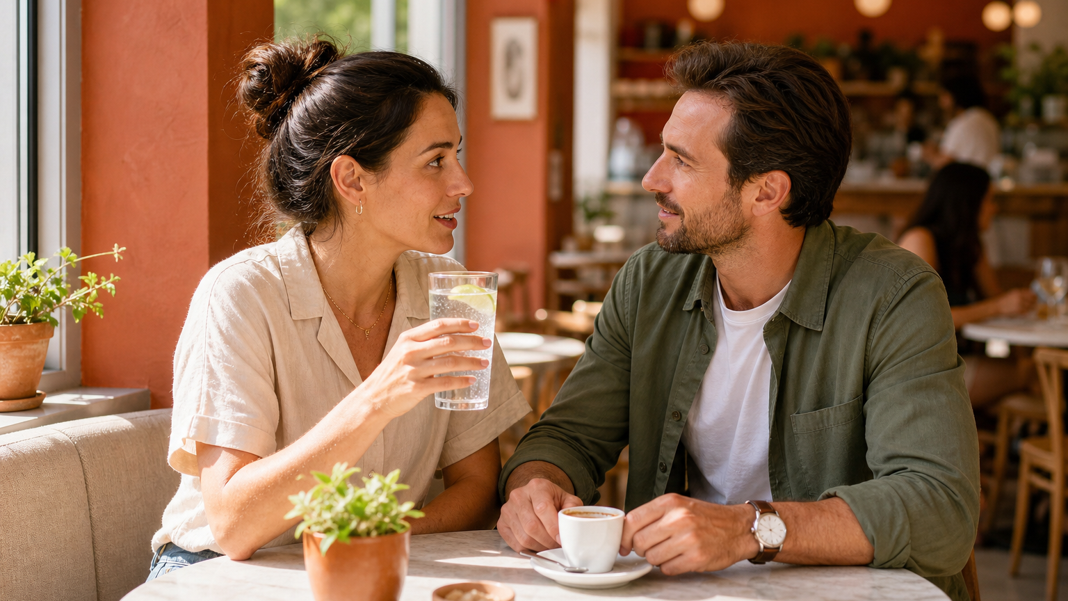 A couple in their 30s sit close at a sunlit kitchen table in bright morning light, mid-conversation, one holding a glass of sparkling water with citrus.