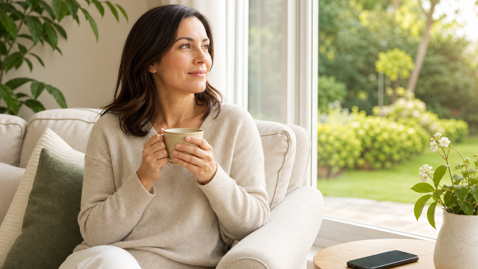 A woman in her 30s sits in a sunlit living room holding a cup of tea, phone face-down beside her, looking calmly out a window onto a garden.