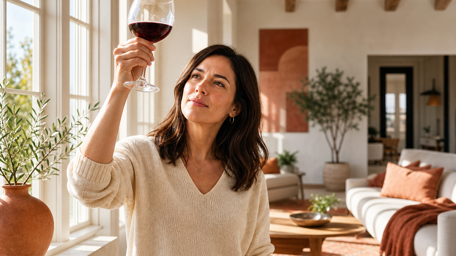 A woman in her 30s stands by a sunlit window in an earthy terracotta-toned room, lifting a glass of red wine toward the light with a thoughtful expression.