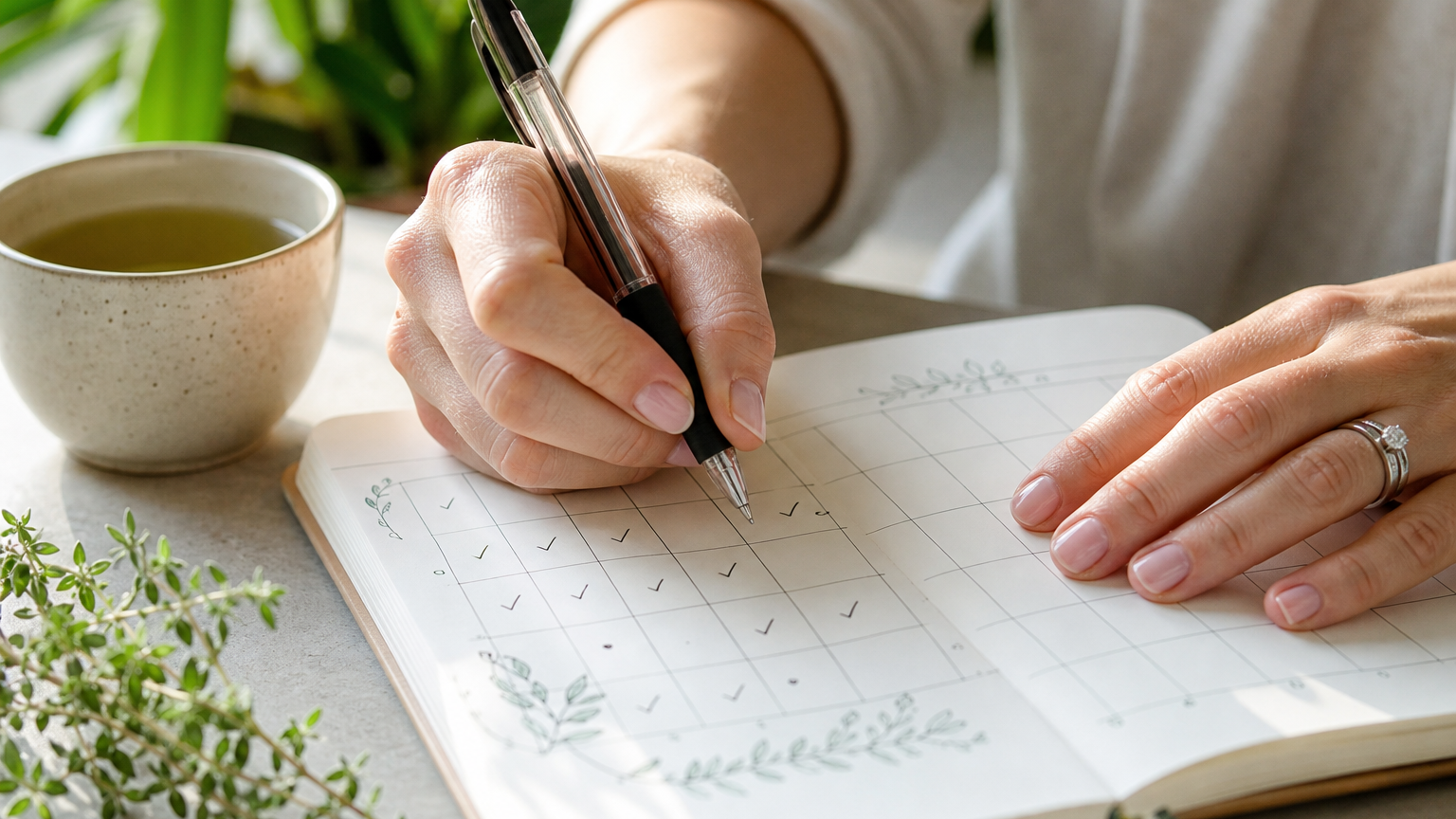 Close-up of a woman's hands marking a wellness journal with a pen on a sunlit table, a cup of tea and green plants nearby.