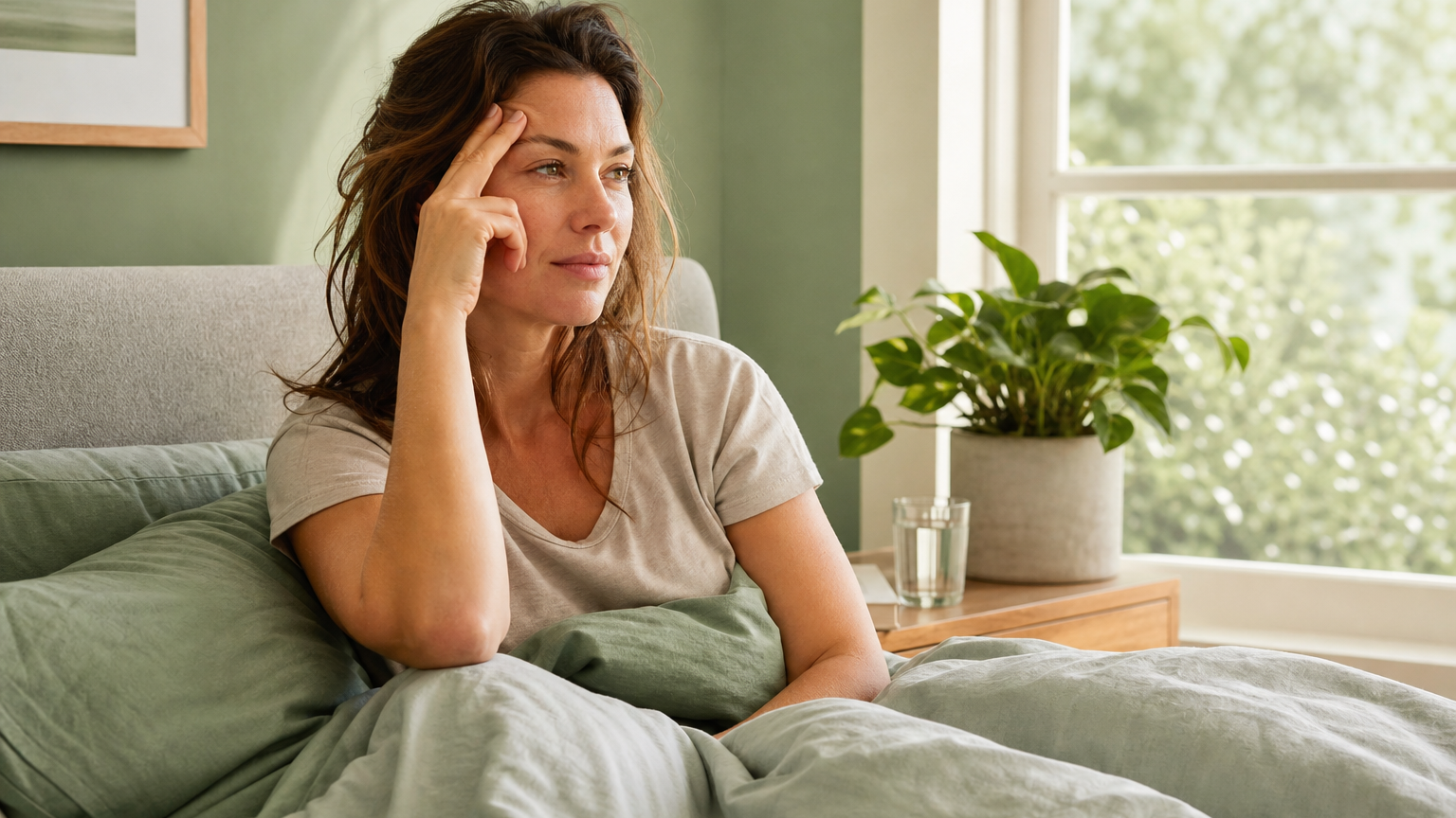 A woman in her 30s sits up in bed in soft morning light, lightly pressing fingers to her temple with a tired but calm expression.