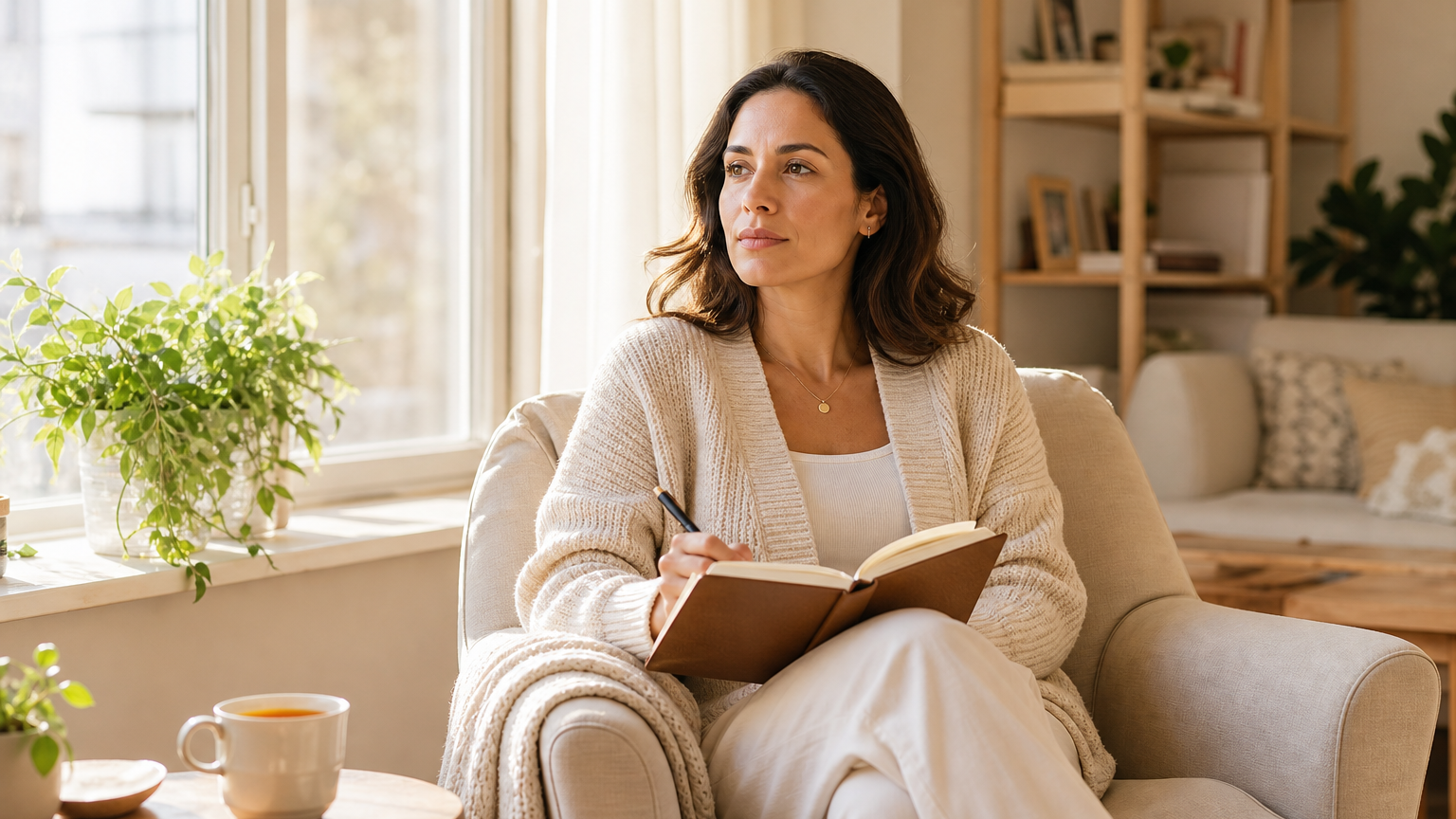 A woman in her 30s sits in an armchair by a sunlit window with an open journal and a cup of tea, calm and reflective in warm late-morning light.